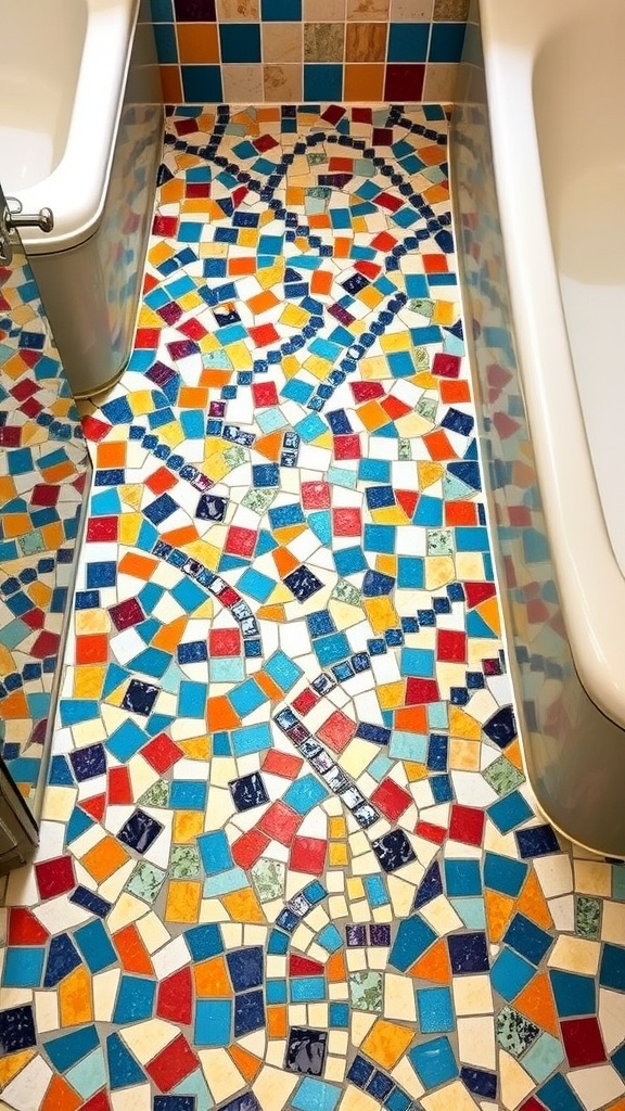 A vibrant bathroom featuring colorful mosaic tiles in various shapes and patterns on the floor and walls.