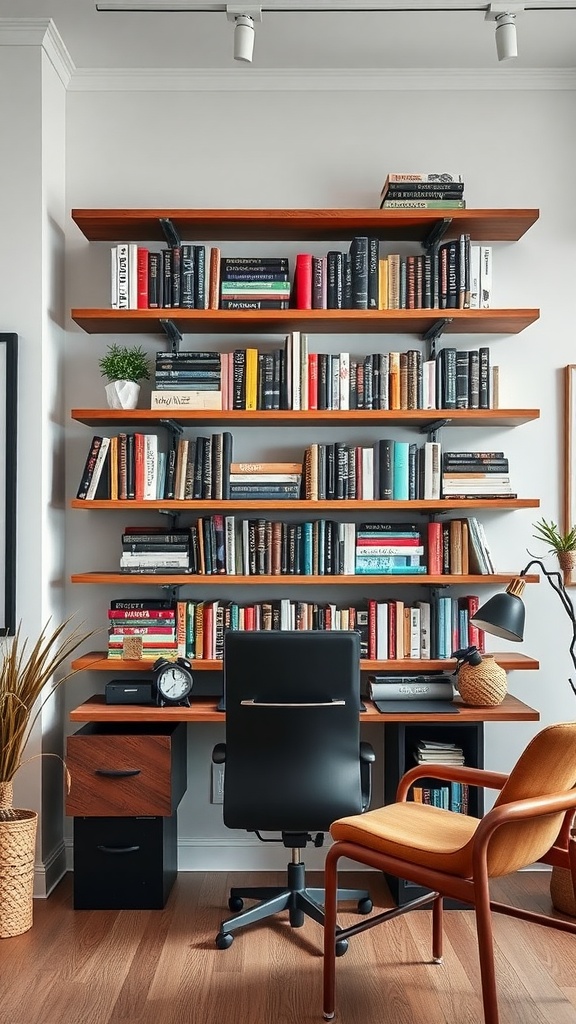 A modern home office with multi-tiered floating bookshelves filled with various books and decorative items.