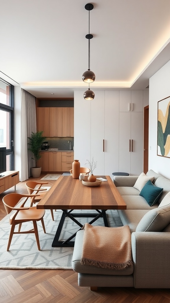 Modern living room and dining room combo with wooden furniture and stylish lighting