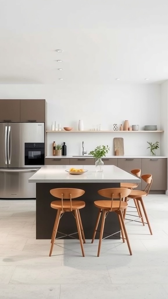 A minimalist kitchen featuring a round dining table with black chairs, wooden cabinetry, and pendant lighting.