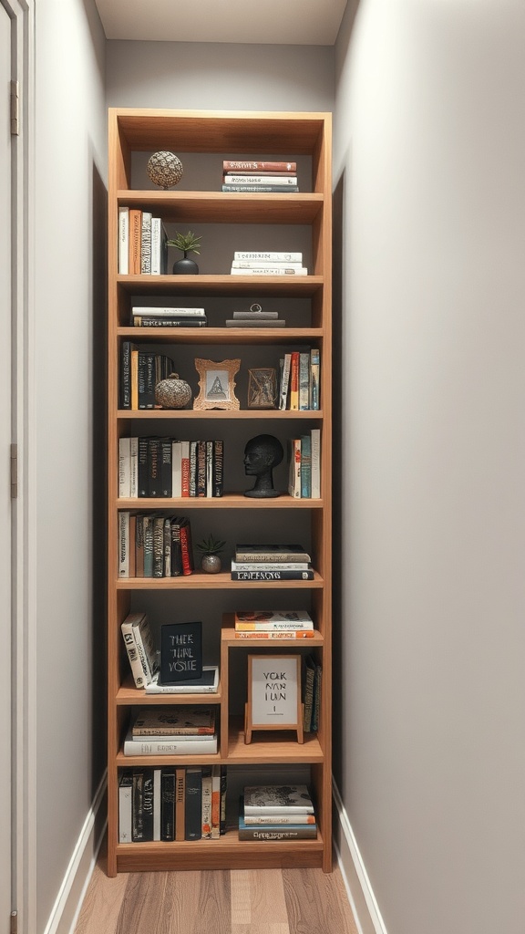 A narrow wooden bookshelf filled with books and decorative items in a small space.