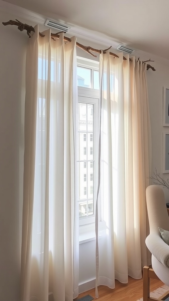 Natural branch curtain rods holding sheer curtains in a bright room