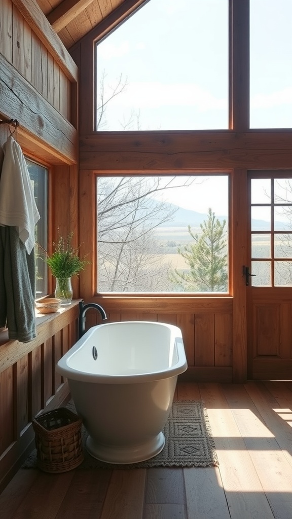 A rustic bathroom with large windows, a freestanding bathtub, and wooden accents, offering a view of nature.