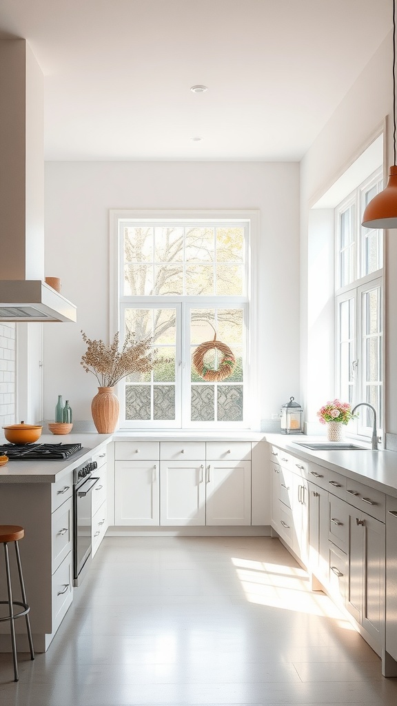 A bright and airy kitchen with large windows, white cabinets, and warm sunshine streaming in.