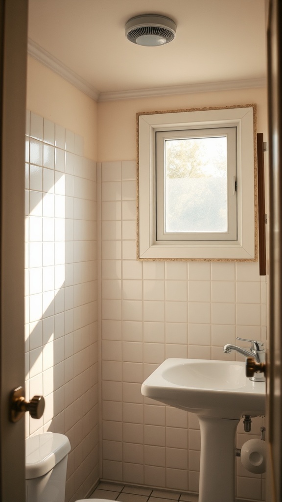 A small bathroom with a window letting in natural light.