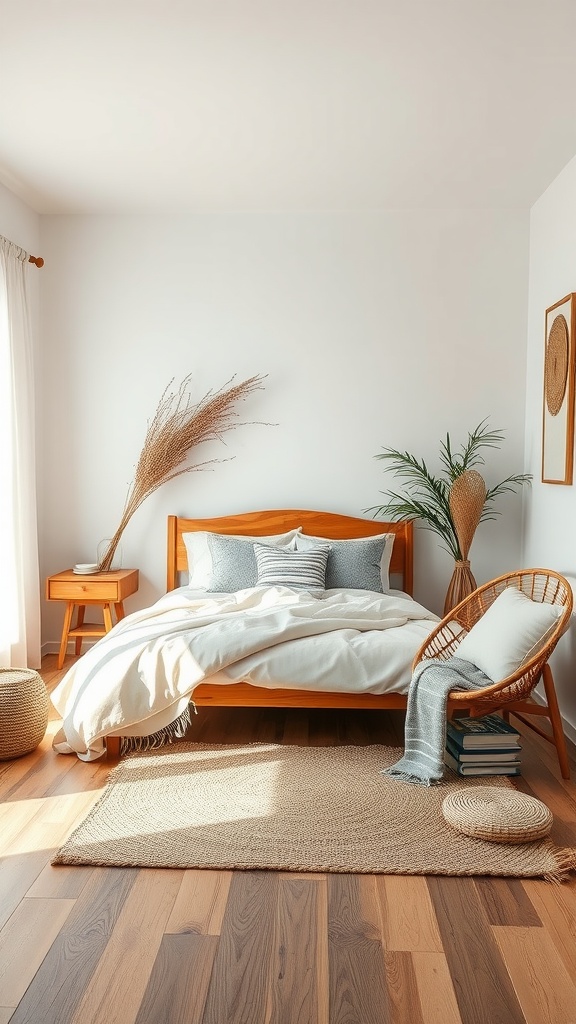 Cozy Japandi bedroom featuring a wooden bed, natural fibers, and plants.