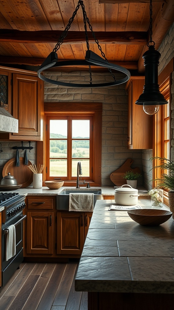 A cozy kitchen featuring wooden cabinets, stone countertops, and natural light from large windows.