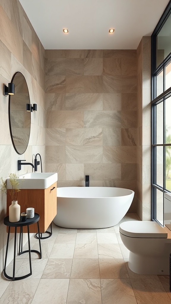 Modern bathroom with natural stone tiles, minimalist fixtures, and warm wood accents.