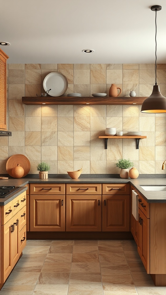 A rustic kitchen featuring natural stone flooring with wooden cabinets and decorative items.