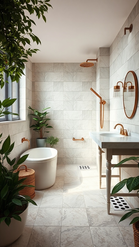 A modern bathroom featuring natural stone flooring, plants, and stylish copper fixtures.