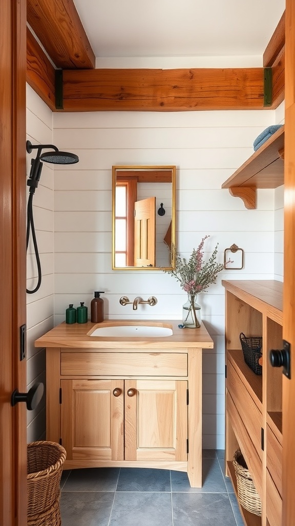 A rustic bathroom featuring natural wood accents, including a wooden vanity, shelves, and beams.