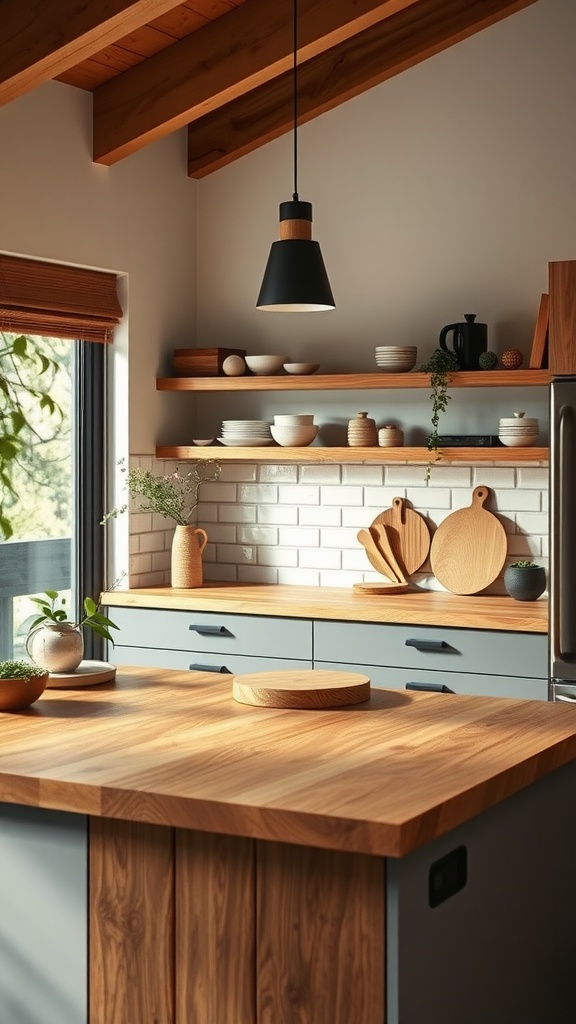 Minimalist kitchen featuring natural wood accents with white cabinets and modern appliances.