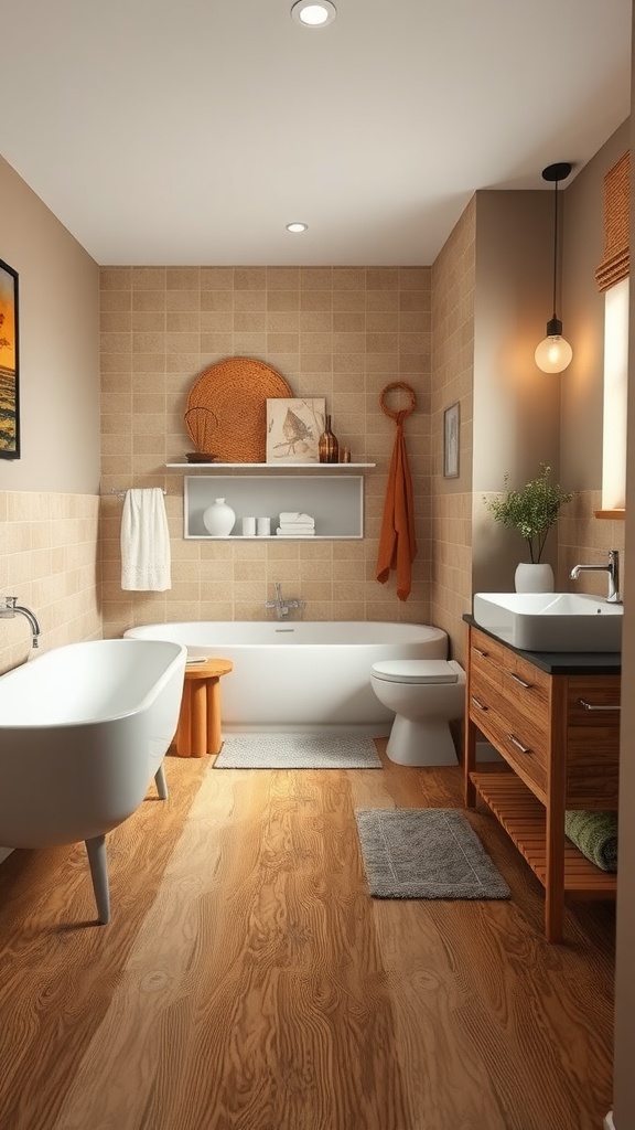 A stylish bathroom featuring natural wood look vinyl flooring, complemented by a modern tub, sink, and warm decor.