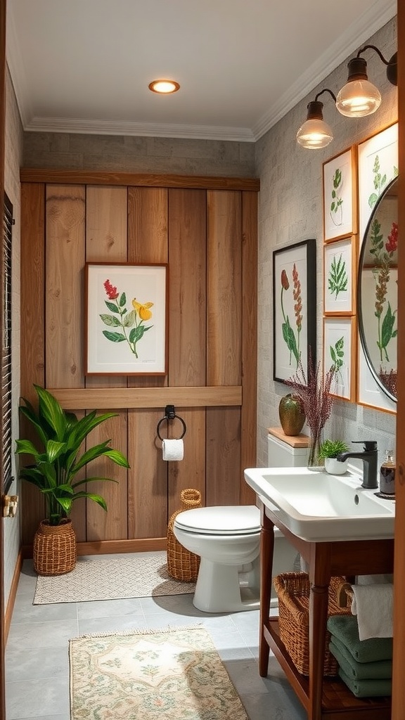 A small rustic bathroom featuring nature-inspired artwork, wooden accents, and greenery.