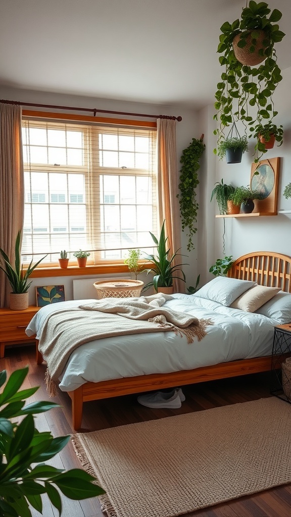 A cozy bedroom with wooden furniture, plants, and natural light