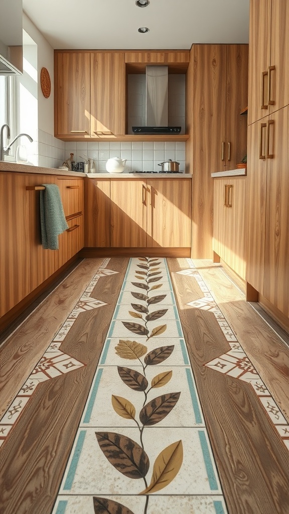 A kitchen featuring a beautiful combination of leaf motif tiles next to wood flooring, showcasing a stylish and nature-inspired design.