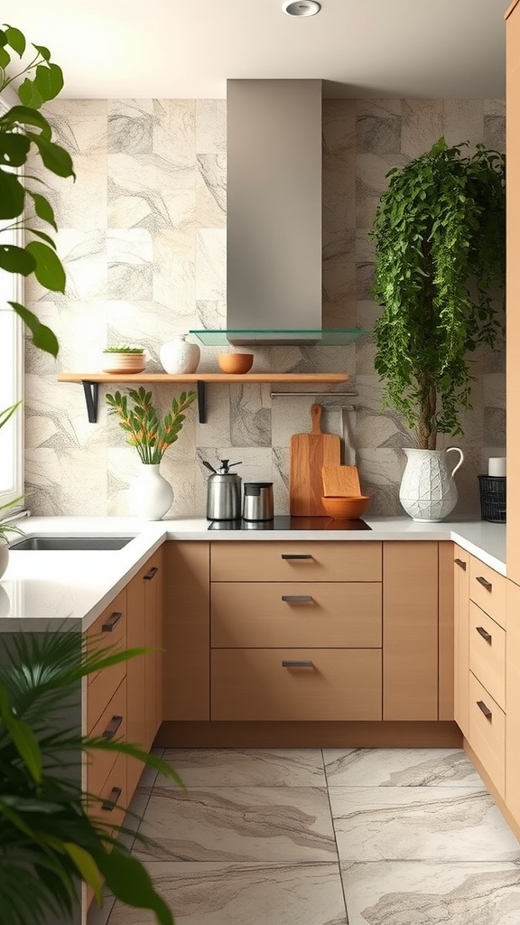 A kitchen featuring nature-inspired earth tone tiles with plants and white cabinetry.