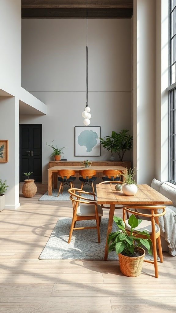 Modern living room and dining room combo with nature-inspired elements, featuring wooden furniture and plants.