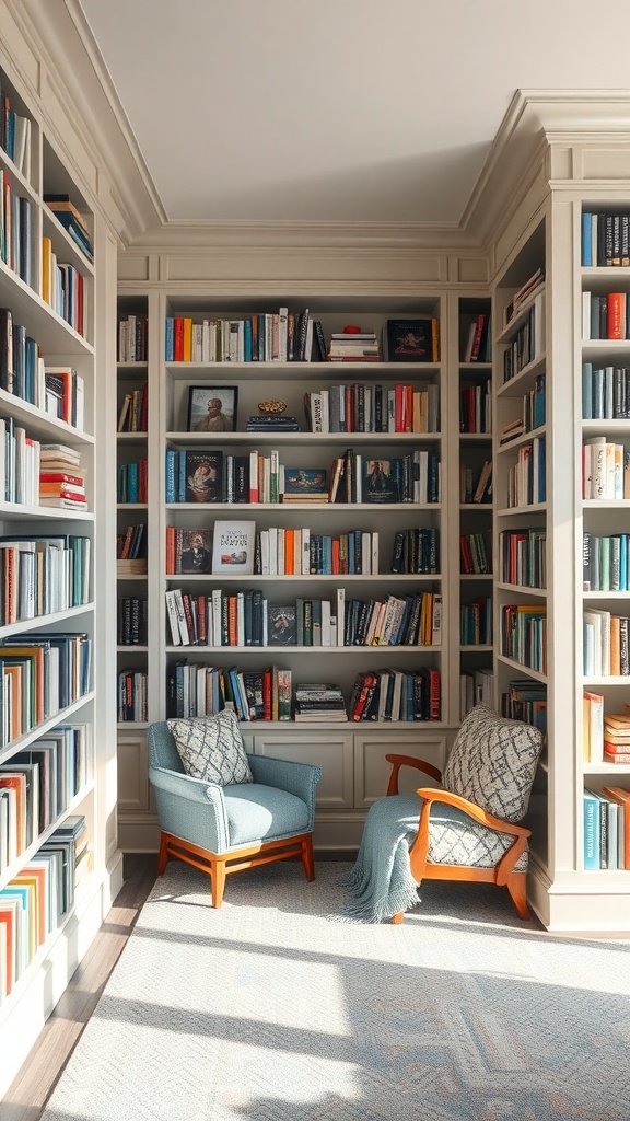 Cozy reading nook with bookshelves and chairs.