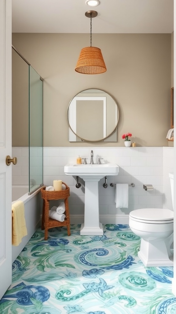 A bathroom with ocean-inspired blue and green vinyl flooring, light blue walls, and natural woven baskets.