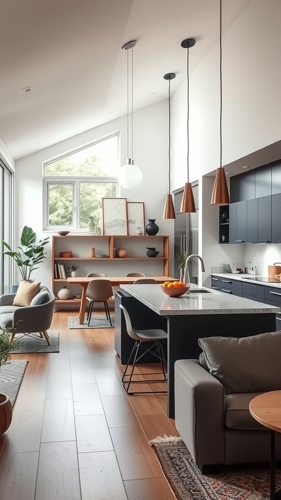 A modern luxury kitchen with an open concept design, featuring a kitchen island, dark cabinetry, and large windows.