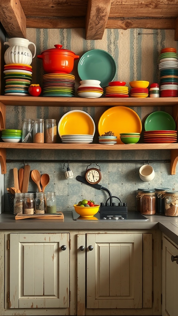 A cozy kitchen with open shelving displaying colorful plates and jars of ingredients, showcasing a warm and inviting atmosphere.