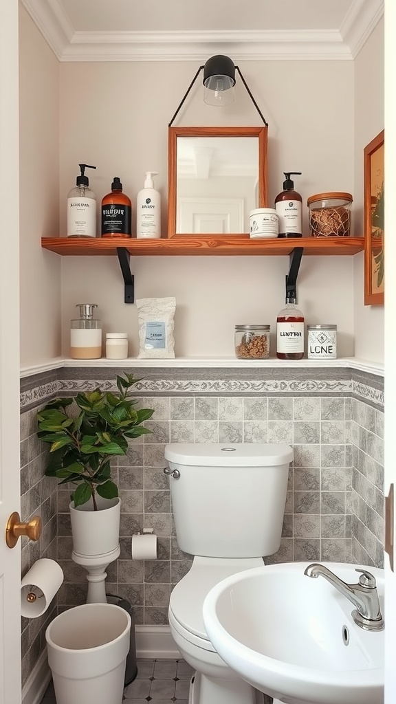 Small rustic bathroom with open shelving above the toilet displaying various bottles and a mirror.