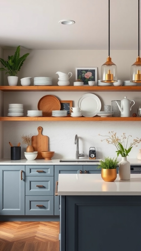 A modern kitchen featuring open shelving with neatly arranged dishware and decorative items.