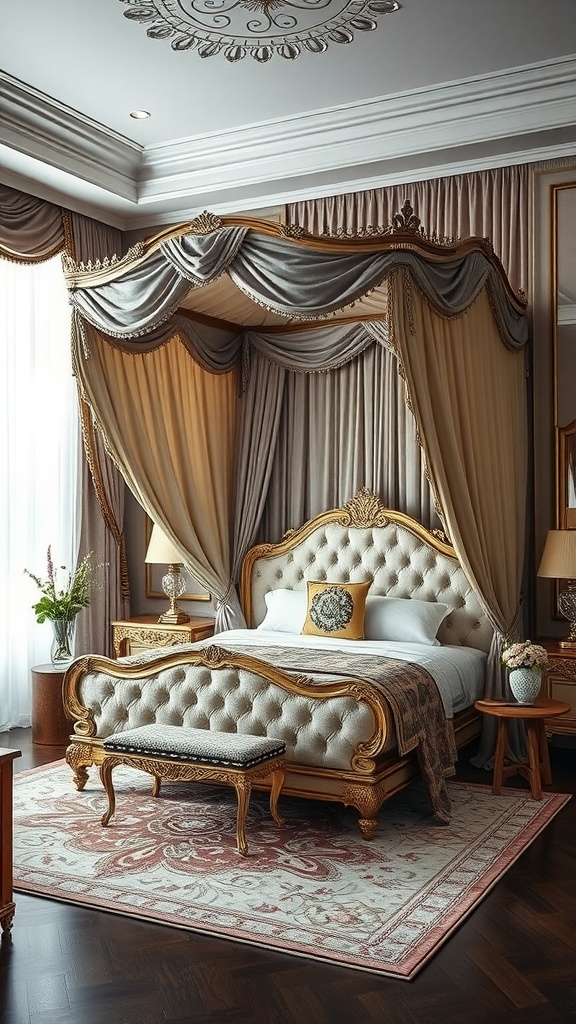 Luxurious bedroom featuring an elegant canopy bed with rich drapes and ornate details