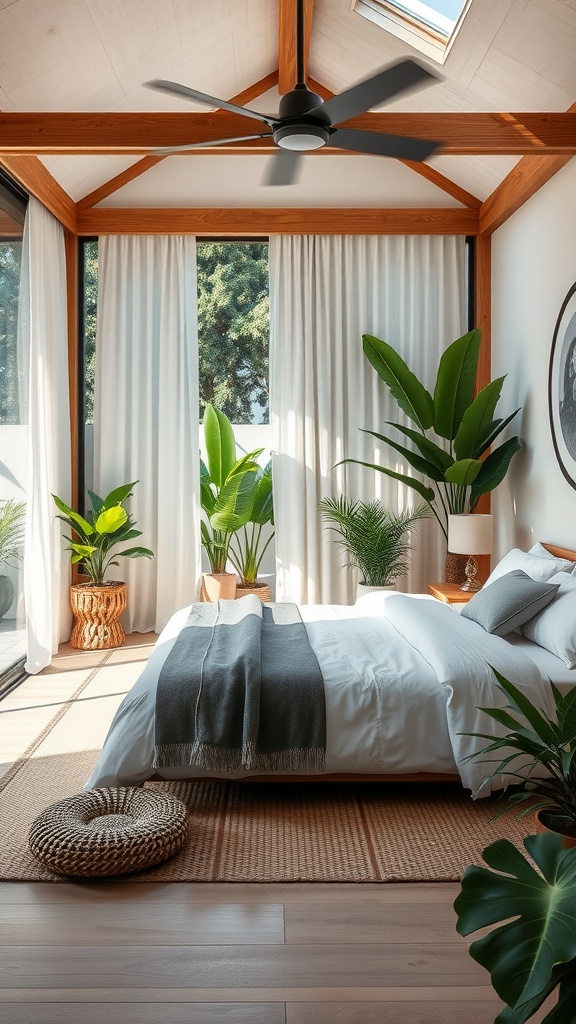 A modern luxury bedroom with large windows, indoor plants, and a cozy bed, designed for refreshing vibes.