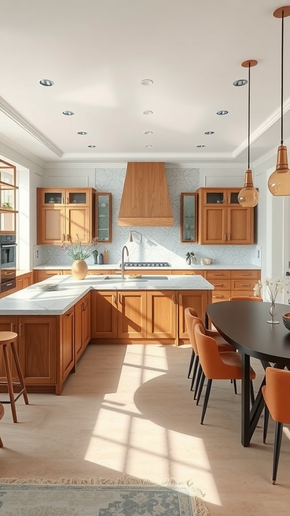 Modern luxury kitchen with oversized island, wooden cabinets, marble countertops, and pendant lighting