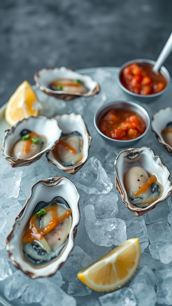 Close-up of oysters served on ice with mignonette sauce and lemon.