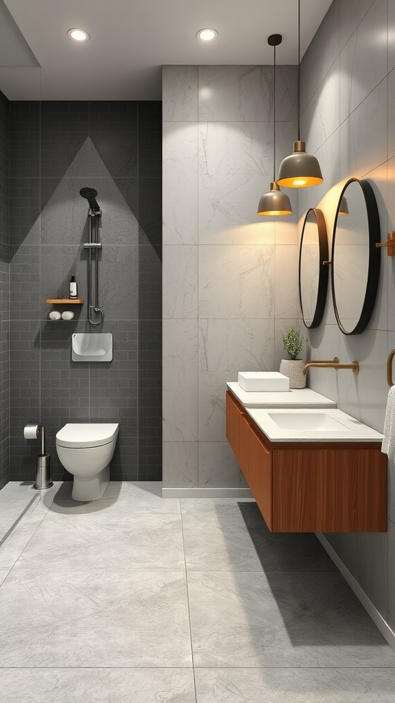 Modern bathroom with painted concrete flooring and walls, featuring wooden accents and stylish fixtures.