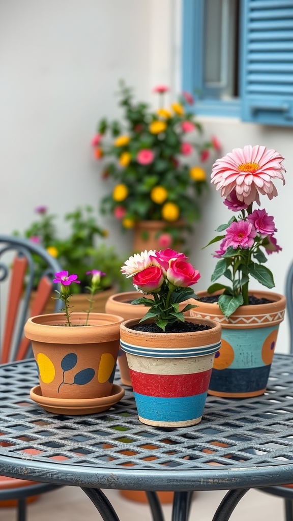 Colorful painted terracotta pots with flowers on a metal table