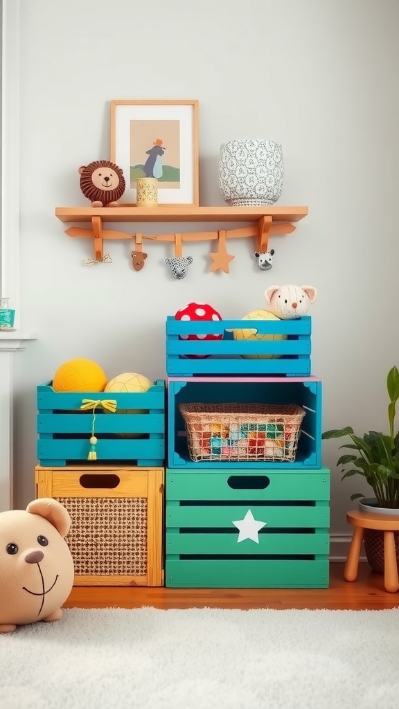 Colorful painted wooden crates used for storage in a playful room setting