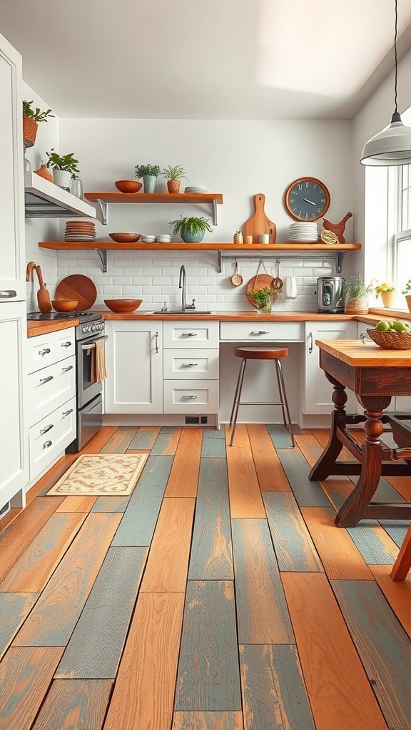 A rustic kitchen featuring painted wooden floors in warm wood tones and blue, with white cabinetry and shelves filled with plants.