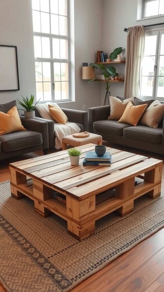 A rustic pallet wood coffee table in a cozy living room setting, surrounded by comfortable seating and decorative accents.