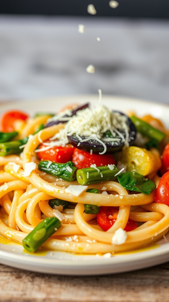 A delicious plate of pasta primavera with colorful vegetables and cheese.