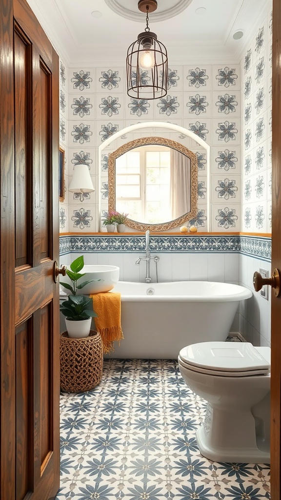 A stylish bathroom featuring patterned blue and white cement tiles, a sleek bathtub, and modern fixtures.