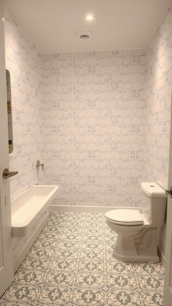 A bathroom featuring peel-and-stick vinyl tiles with intricate patterns on the floor.