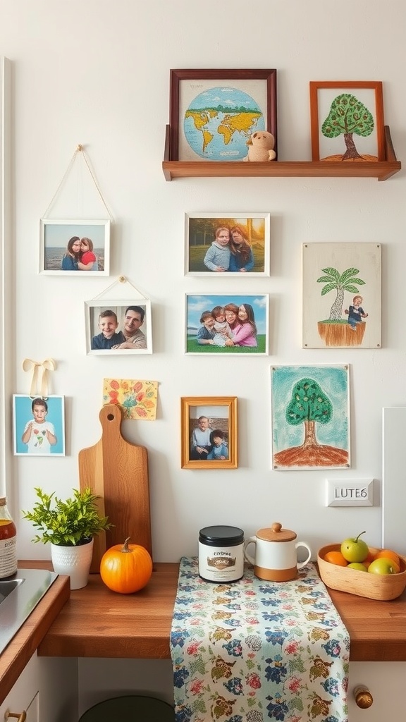 A cozy kitchen wall adorned with family photos, children's artwork, and a small plush toy.