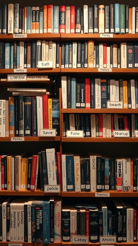 A bookshelf with various books, each labeled for organization.