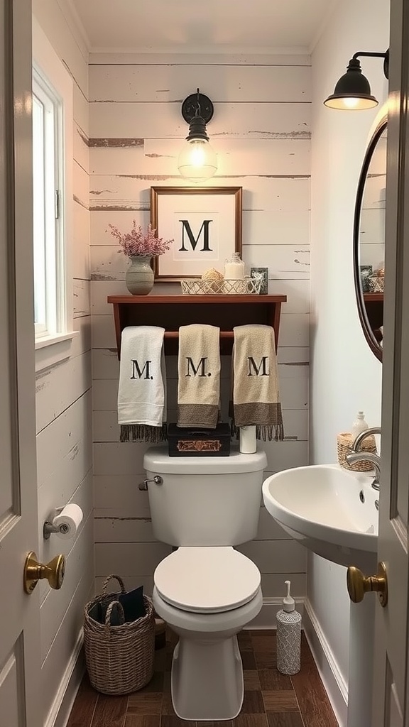 Small rustic bathroom with monogrammed towels, wooden accents, and decorative elements