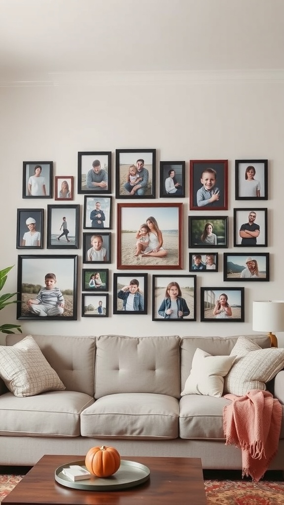 Gallery wall featuring various family photos in different frames above a cozy couch.