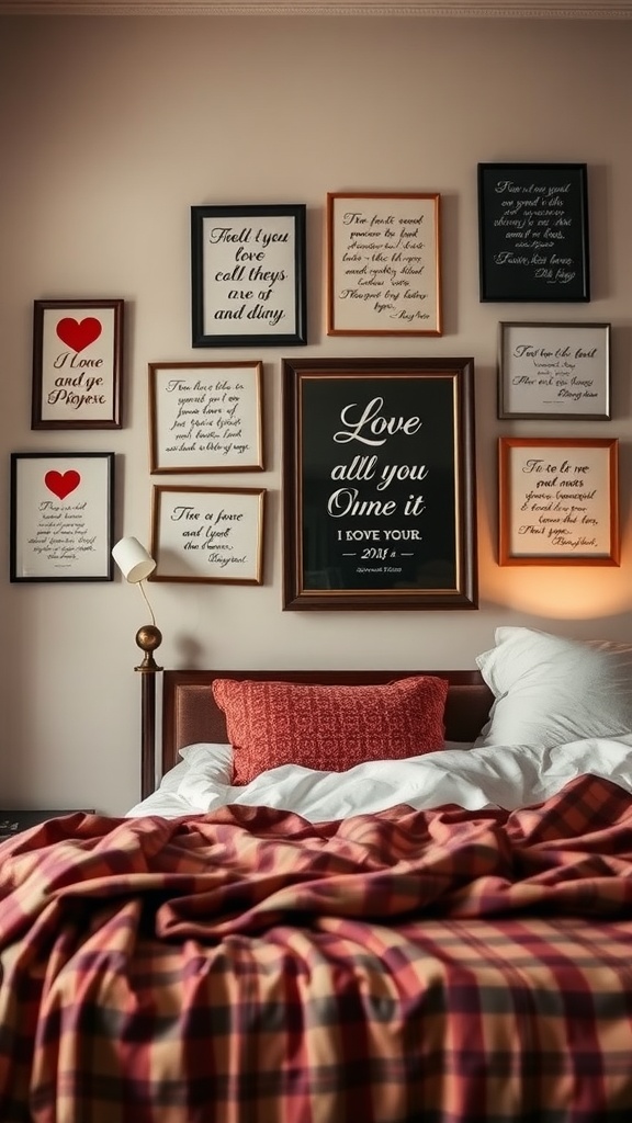 Wall art featuring love letters and romantic messages in a cozy bedroom setting