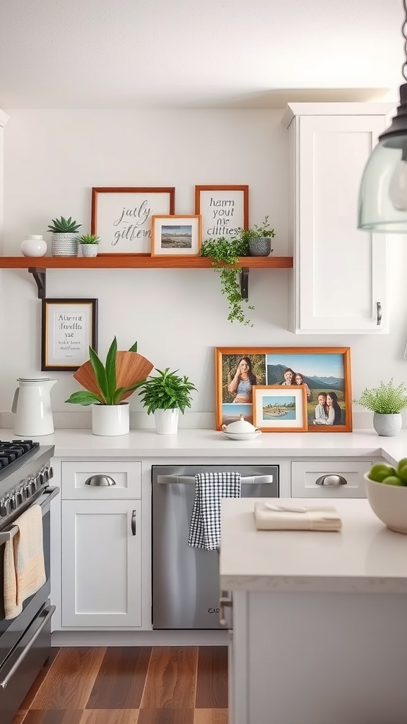 A modern luxury kitchen with personalized touches including framed pictures, plants, and stylish shelving.