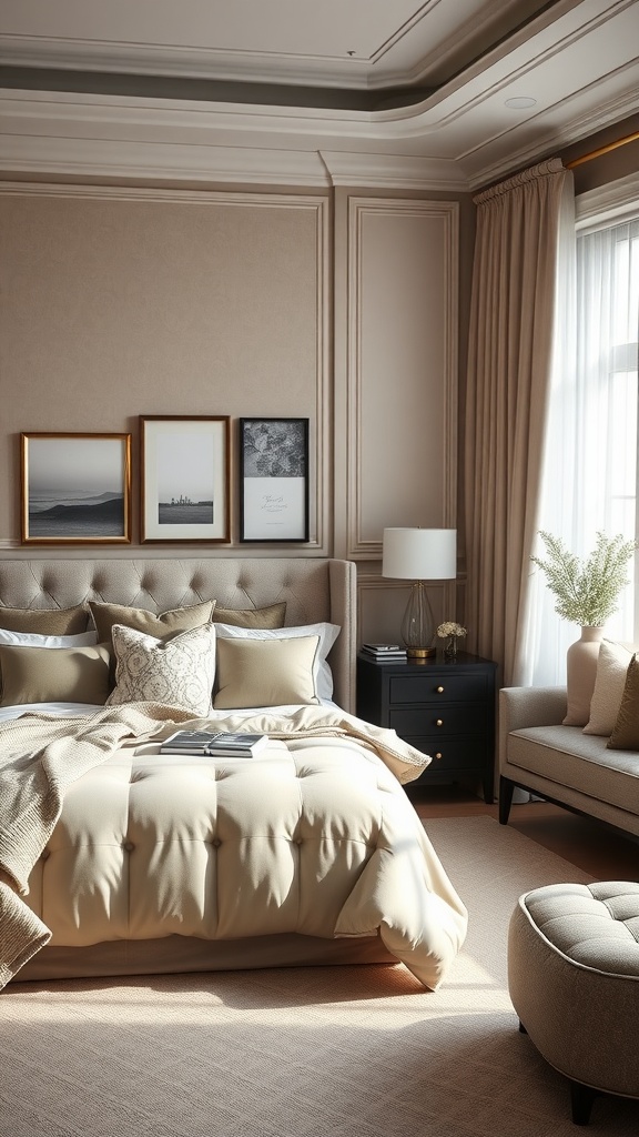 A beautifully designed modern luxury bedroom with neutral tones, elegant decor, and personalized touches.