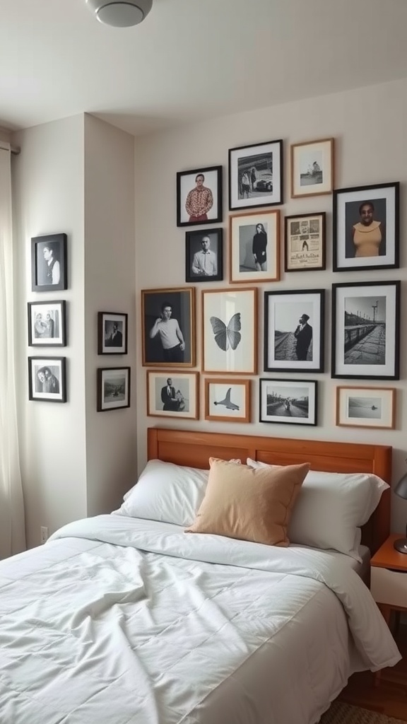 A cozy bedroom with a personalized wall art display featuring various framed pictures and artwork.