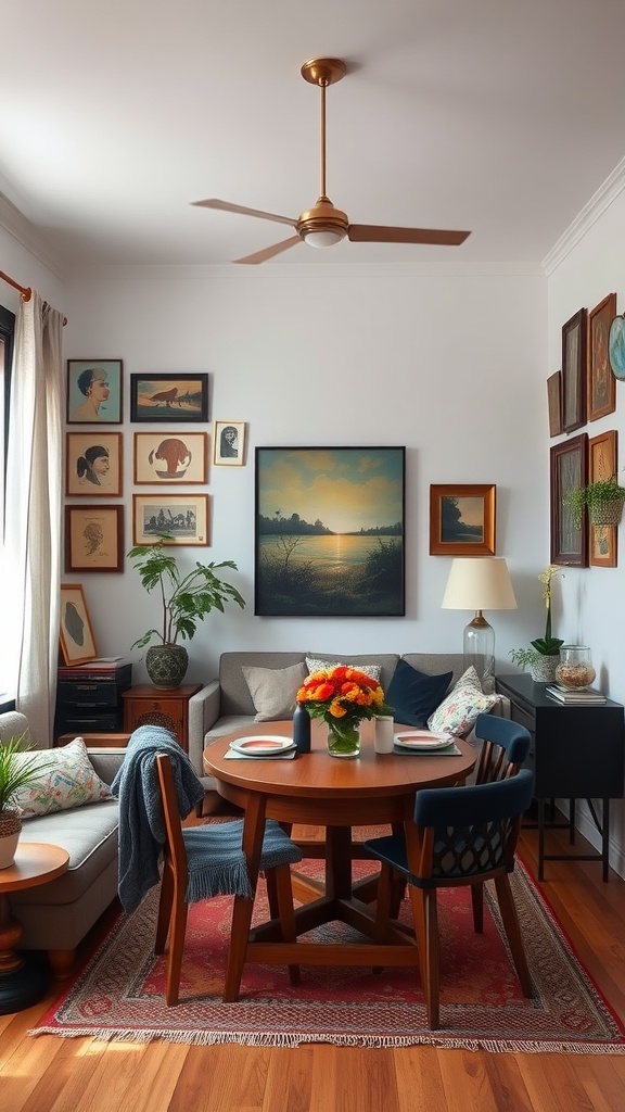 A cozy small living room and dining room combo featuring wall art, a dining table with flowers, and decorative accessories.