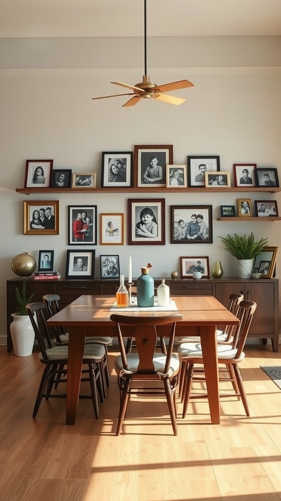 A dining room with a wooden table and chairs, surrounded by a wall decorated with family photos in various frames.